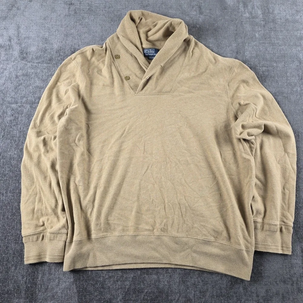 Polo Ralph Lauren Shawl Collar Sweater Mens XL Beige Tan Jumper Boxy Fit Preppy